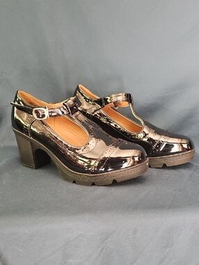 Ada Glossy Black T-Strap Heeled Loafers with Buckle